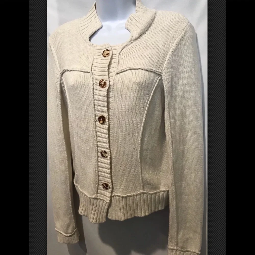 NIC + ZOE Sweater Ivory Patchwork Button Front Cardigan Career Casual Cotton